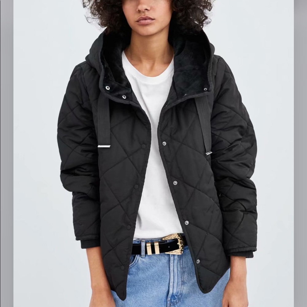NWOT ZARA Hooded Quilted Puffer Black Coat S